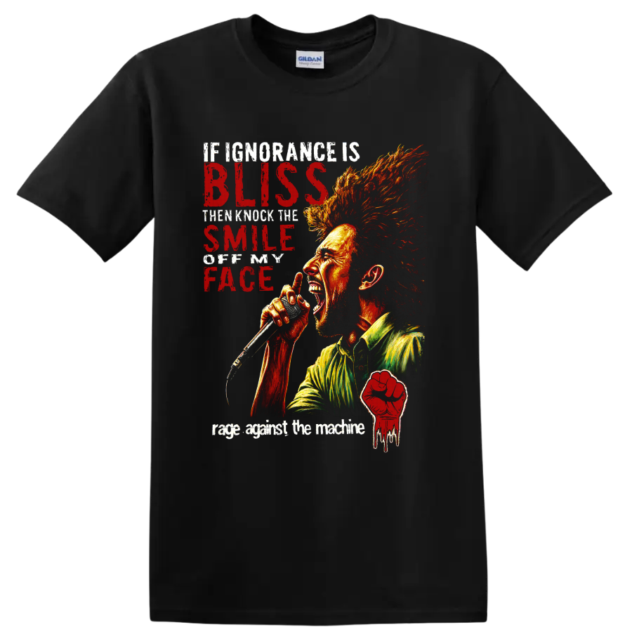Rage Against the Machine protest rock singer microphone graphic with raised fist on a Black T Shirt