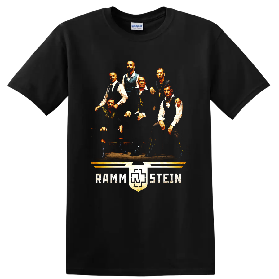 Rammstein band portrait graphic with six figures and distressed emblem on a Black T Shirt