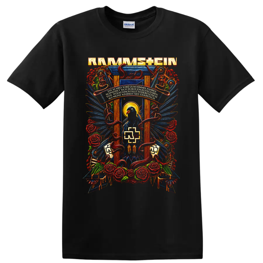Rammstein gothic raven, roses, serpents, and blue wings graphic print on a Black T Shirt