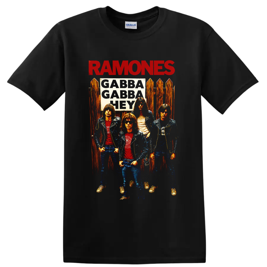 Ramones punk rock band portrait with bold red lettering and vintage distressed style on a Black T Shirt