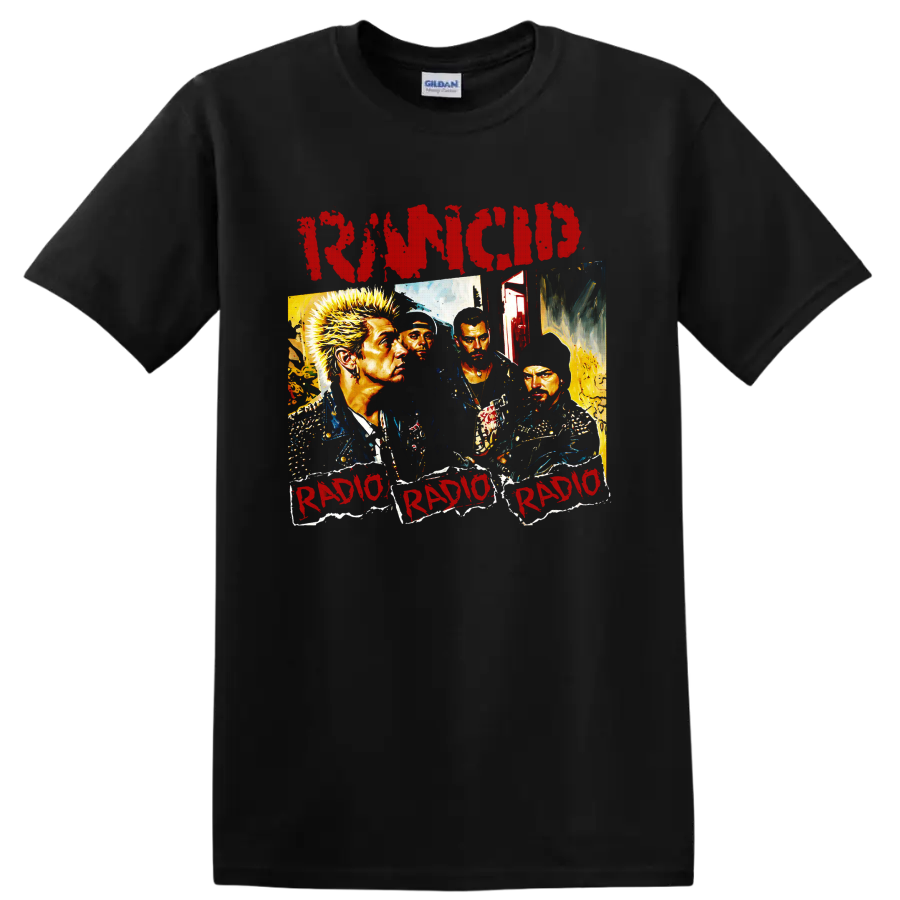 Rancid distressed punk rock collage with four musician portraits on a Black T Shirt