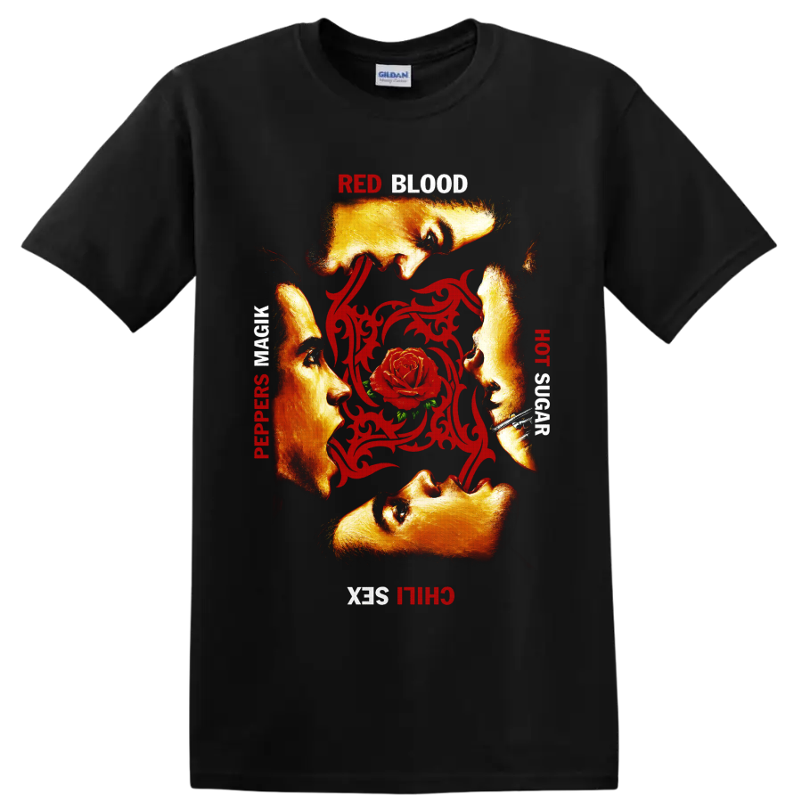 Red Hot Chili Peppers rose and ornamental rock band graphic on a Black T Shirt