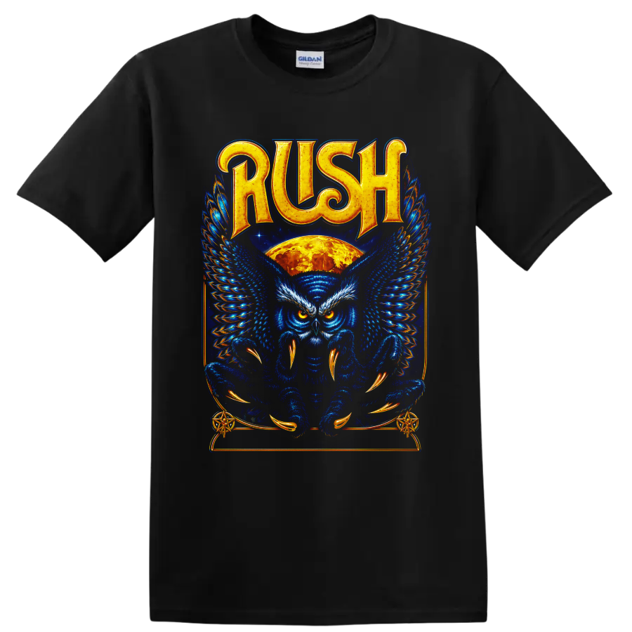 Rush owl graphic with blue wings, orange moon, and ornate fantasy artwork on a Black T Shirt