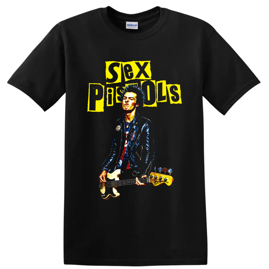 Sex Pistols punk rock bassist graphic with distressed yellow lettering on a Black T Shirt