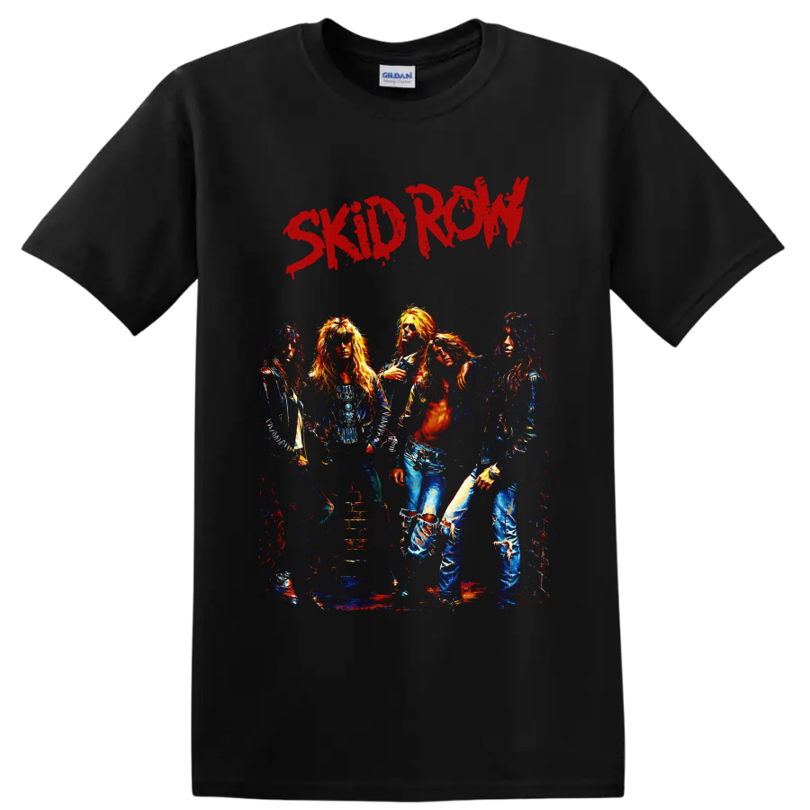 Skid Row glam metal band portrait with distressed red lettering on a Black T Shirt