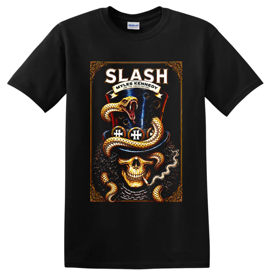 Slash skull and coiled snake rock graphic with blue top hat on a Black T Shirt