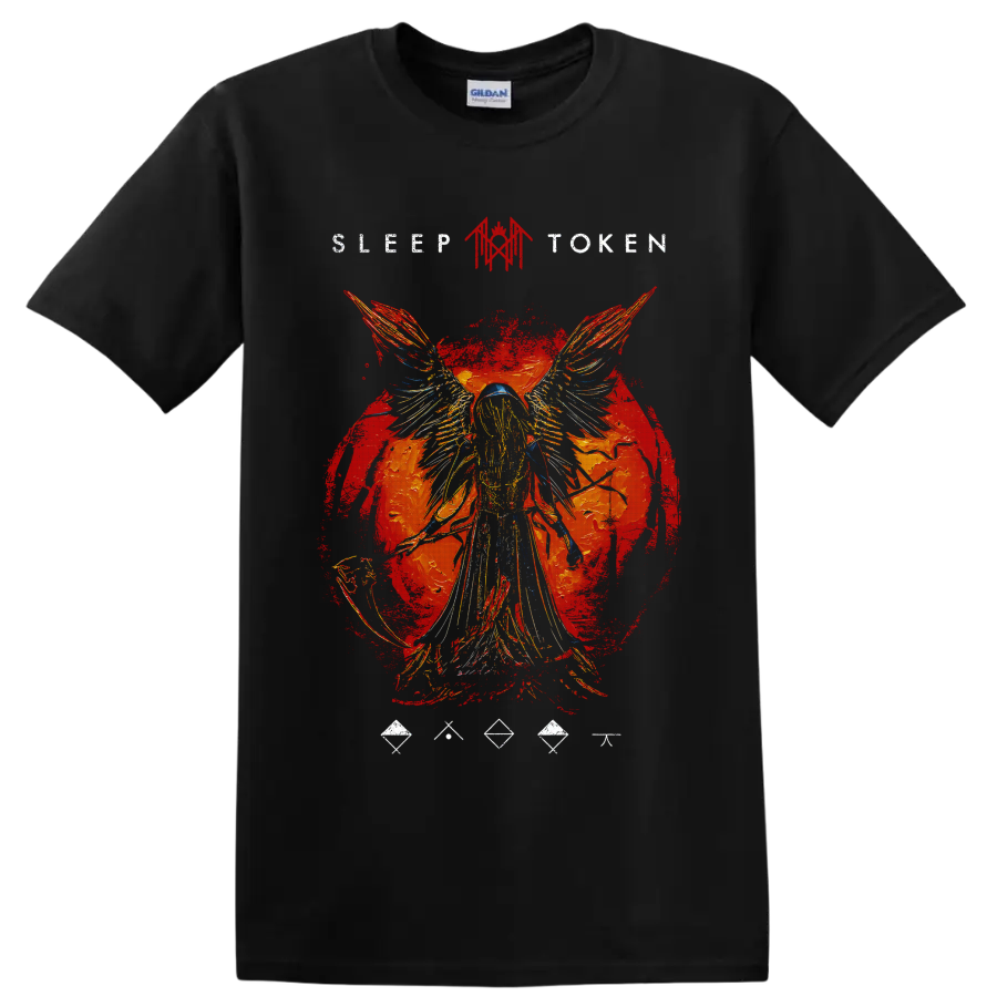 Sleep Token winged figure red grunge graphic with distressed artwork on a Black T Shirt