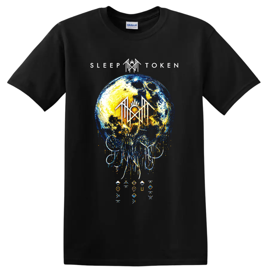 Sleep Token cosmic moon ritual graphic with dripping abstract details on a Black T Shirt