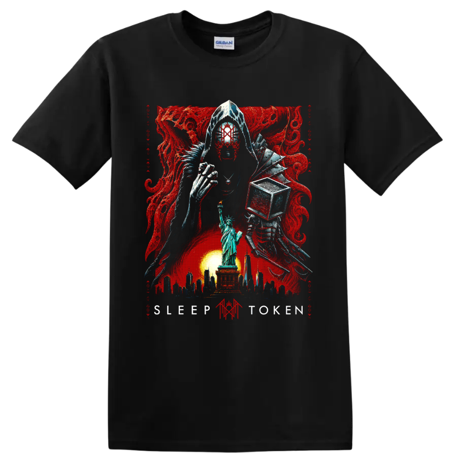 Sleep Token gothic horror masked figure with Statue of Liberty and red art on a Black T Shirt