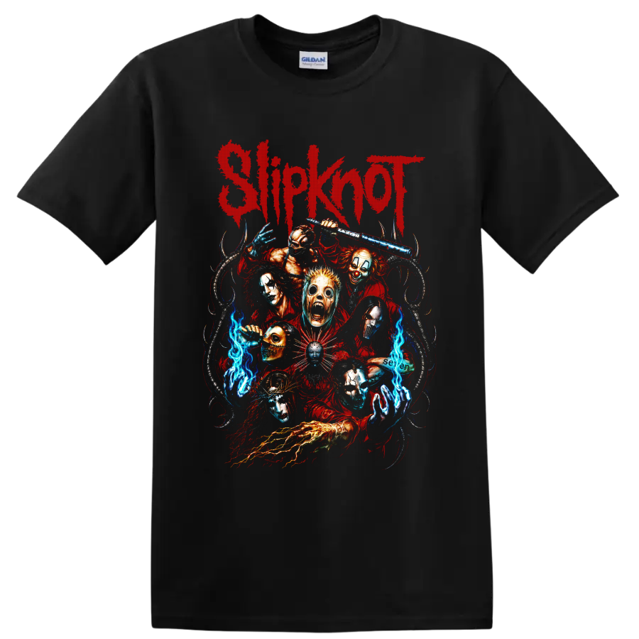 Slipknot distressed red logo with masked horror figures and blue flames on a Black T Shirt