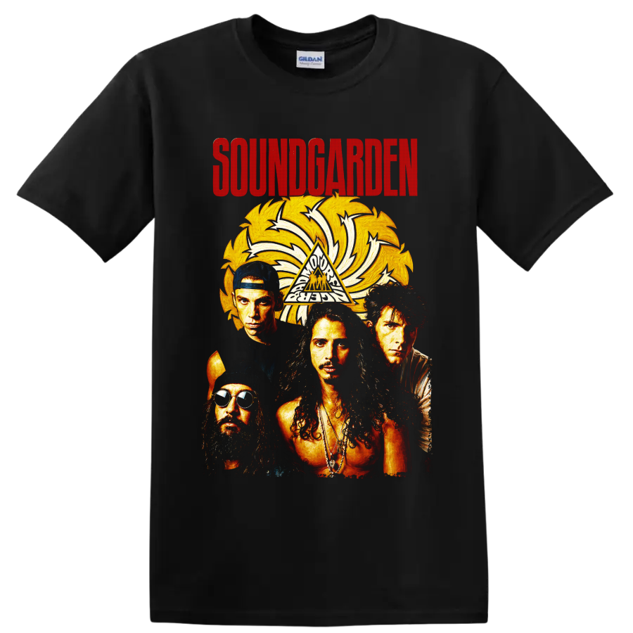 Soundgarden rock band portrait with golden sunburst and distressed lettering on a Black T Shirt