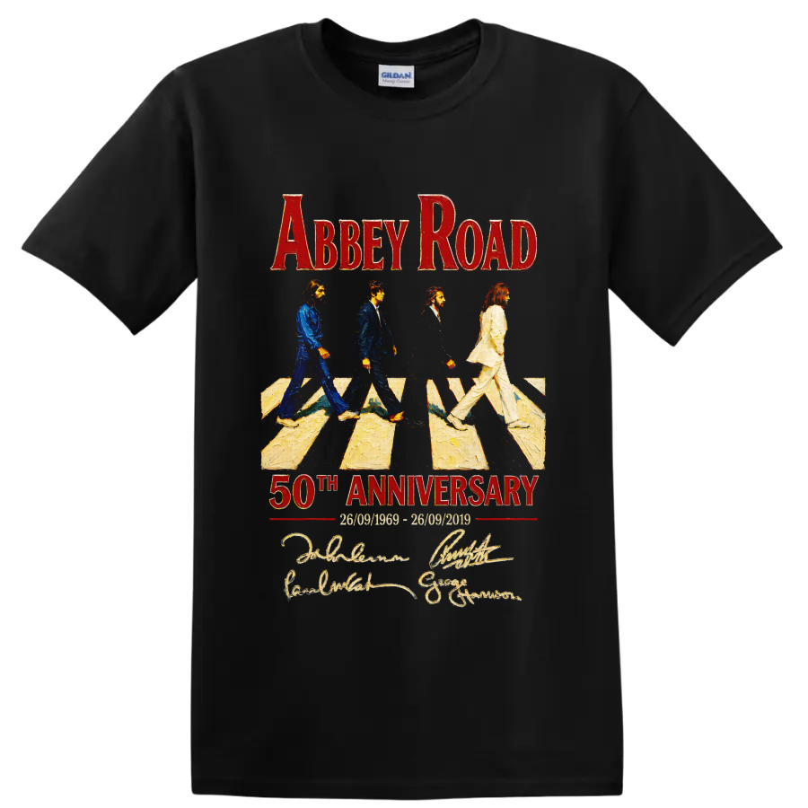 The Beatles Abbey Road 50th Anniversary crossing graphic with red lettering on a Black T Shirt