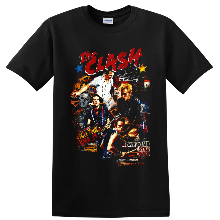 The Clash punk rock collage with guitars, drums, and distressed lettering on a Black T Shirt
