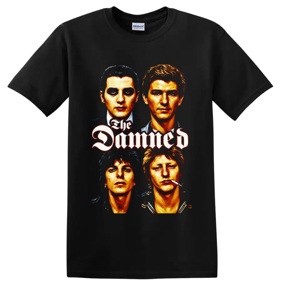 The Damned four-face punk rock portrait with gothic lettering on a Black T Shirt