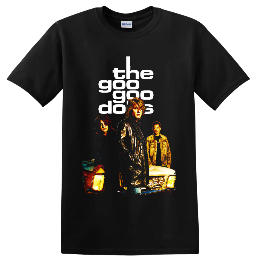 Goo Goo Dolls rock band portraits with classic cars and bold lettering on a Black T Shirt