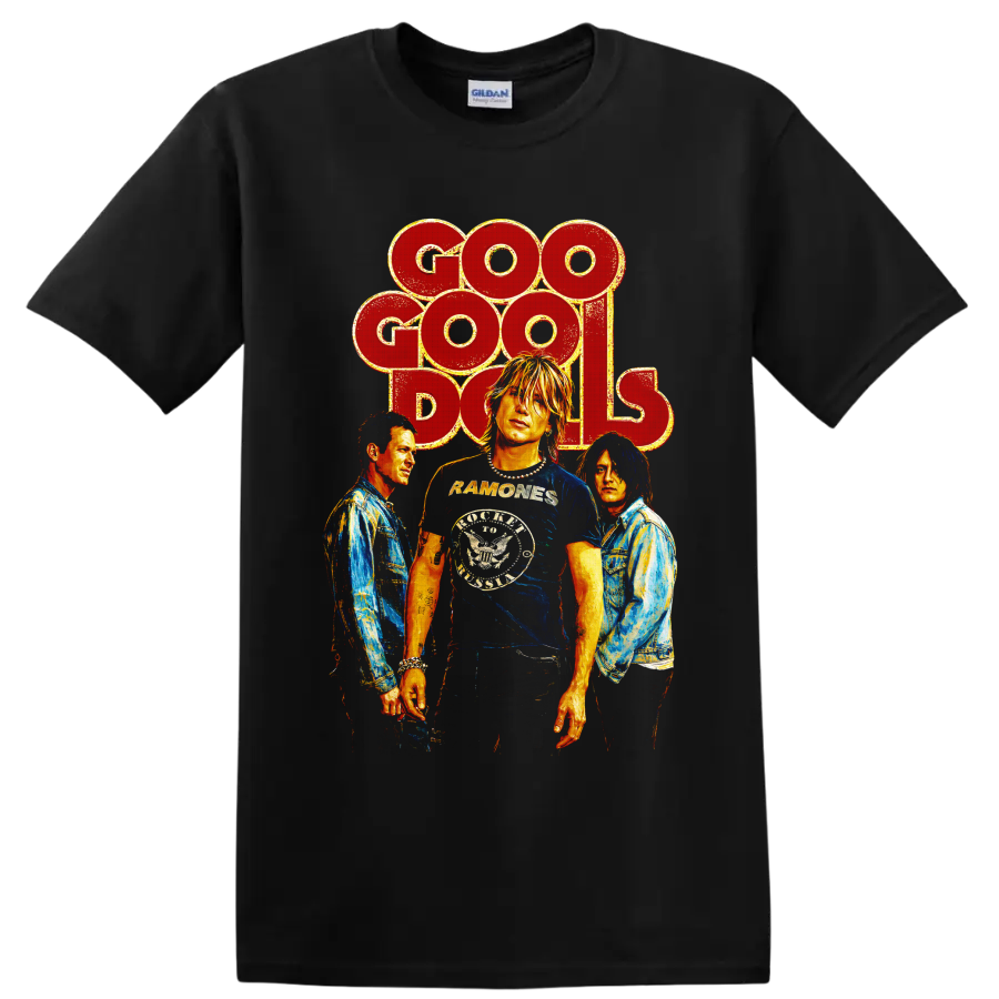Goo Goo Dolls vintage rock band portrait graphic with distressed lettering on a Black T Shirt