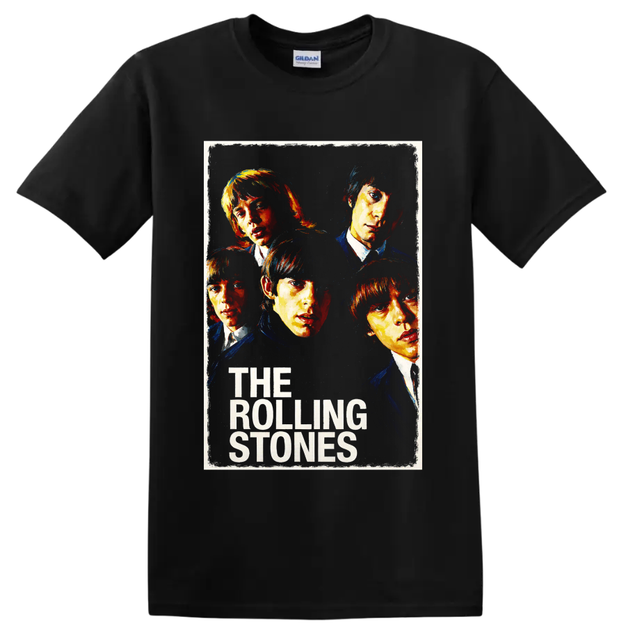 The Rolling Stones five-portrait vintage rock band graphic with text on a Black T Shirt