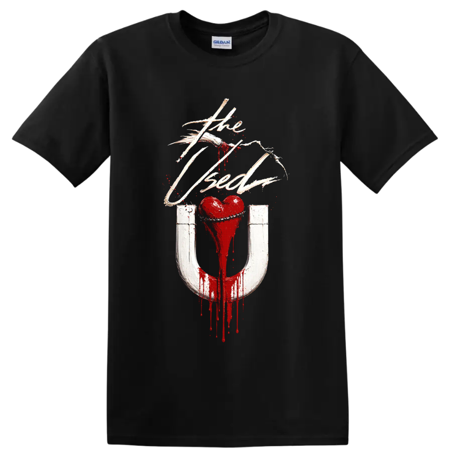 The Used heart magnet graphic print with distressed gothic rock styling on a Black T Shirt
