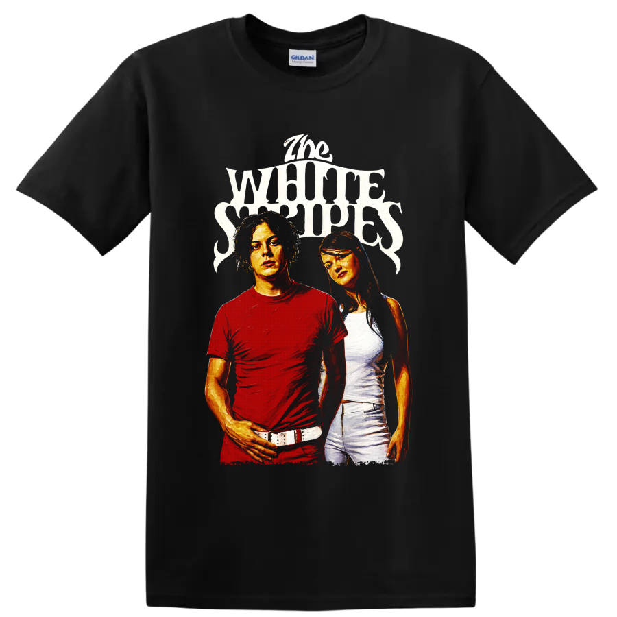 The White Stripes portrait graphic with distressed lettering on a Black T Shirt