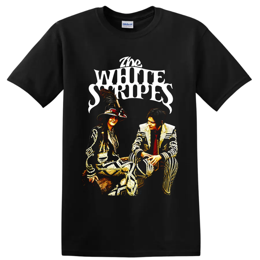 The White Stripes duo portrait graphic with ornate stage outfits and bold lettering on a Black T Shirt