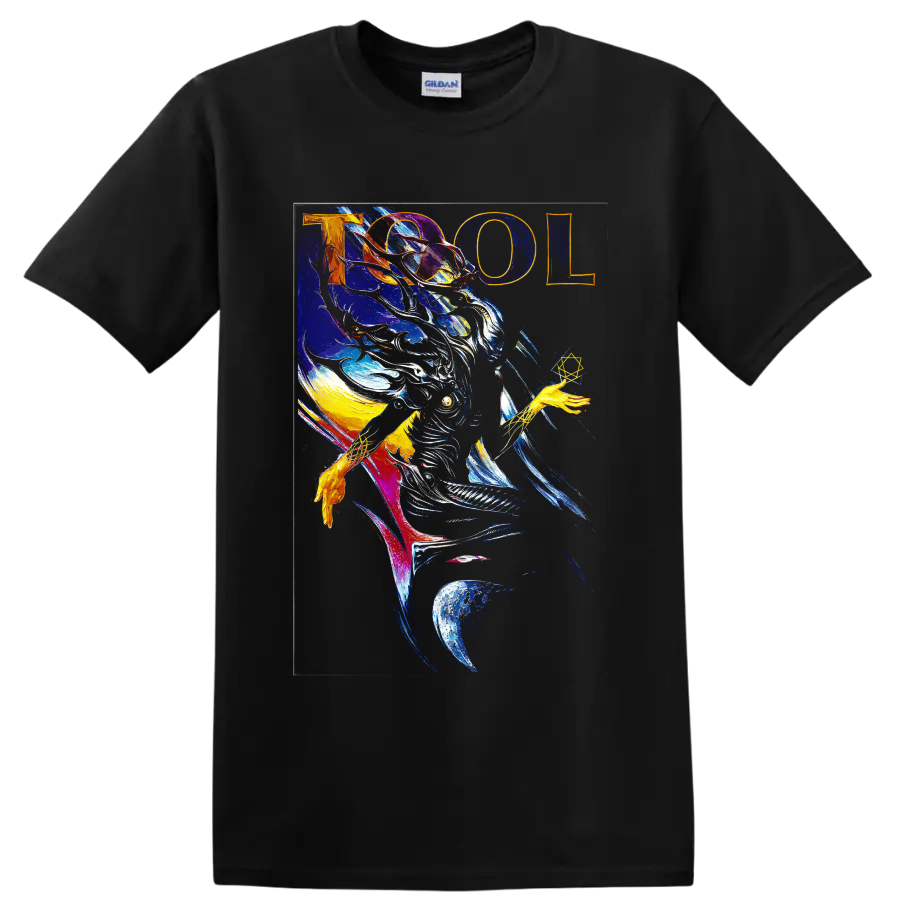 Tool psychedelic cosmic astronaut graphic print with bold lettering on a Black T Shirt