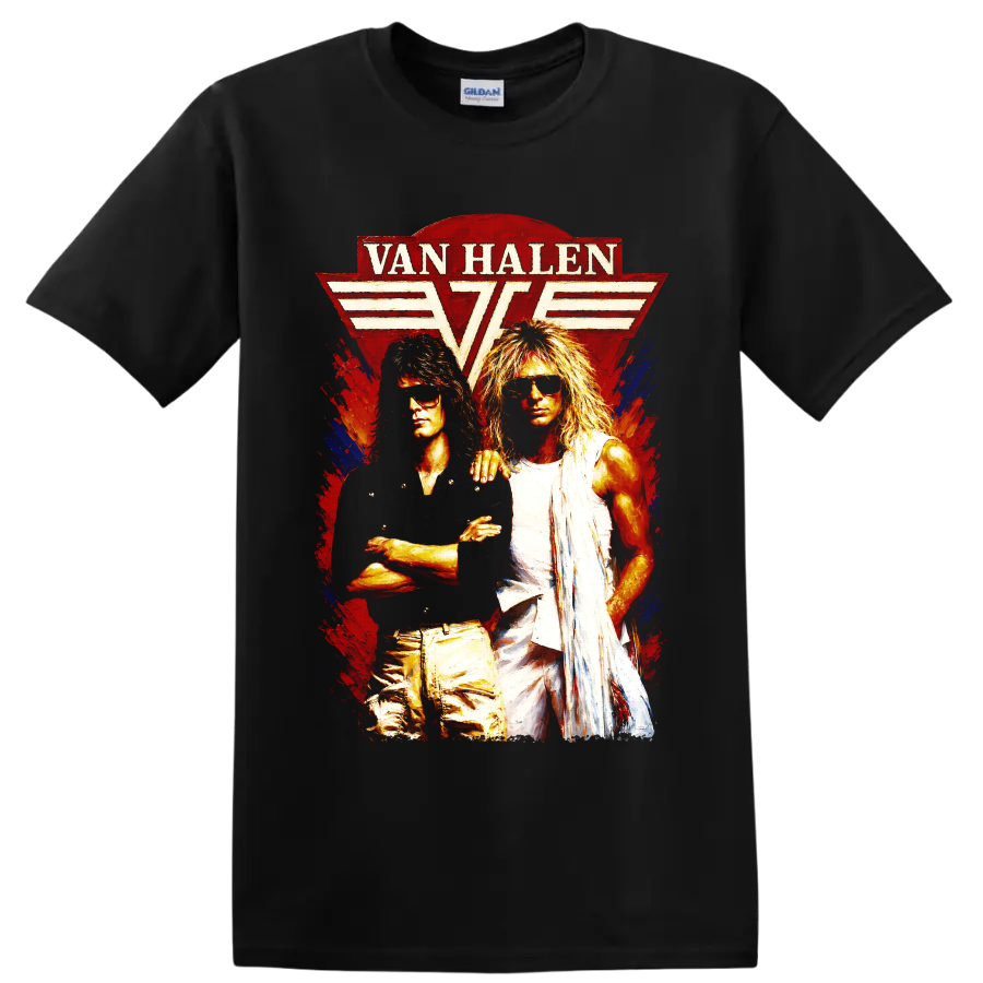 Van Halen winged logo with two rock performers in vintage distressed art on a Black T Shirt