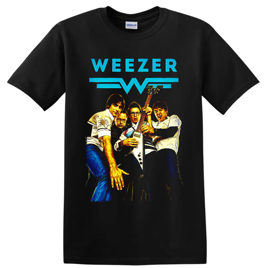 Weezer rock band group portrait with electric guitar and bold lettering on a Black T Shirt