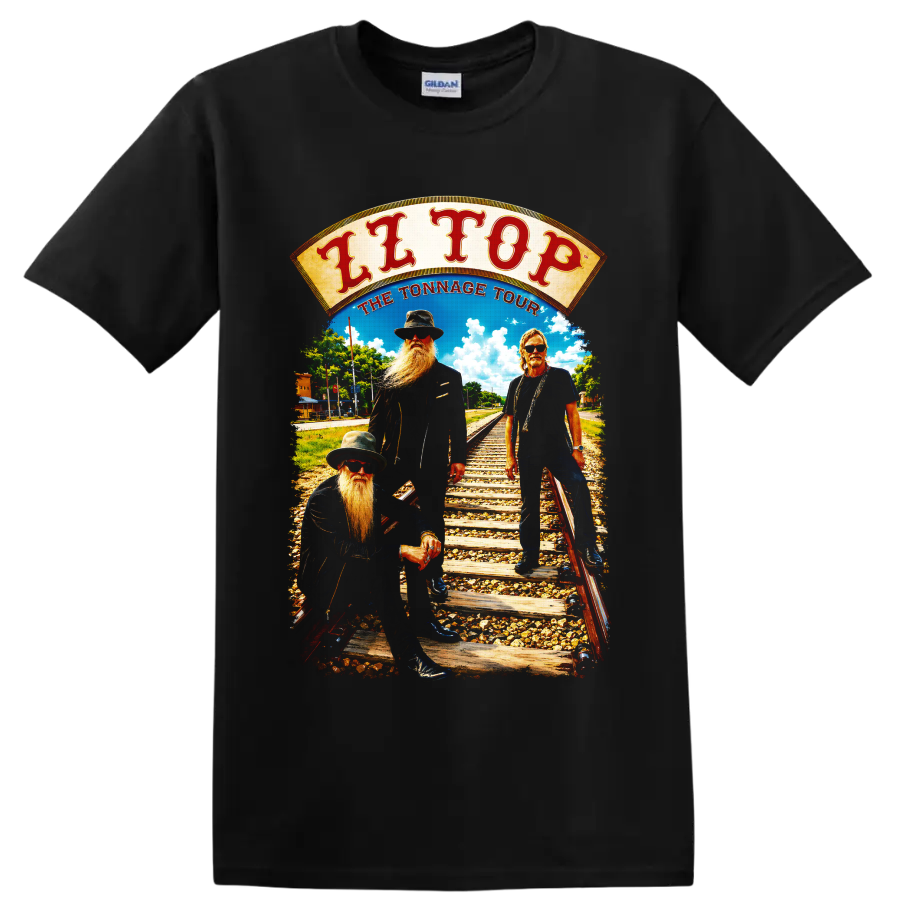 ZZ Top Tonnage Tour vintage railroad rock band graphic on a Black T Shirt