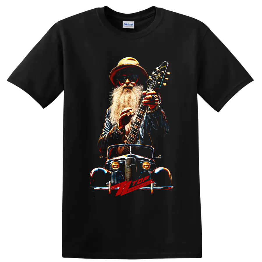 ZZ Top bearded guitarist with electric guitar and vintage car graphic on a Black T Shirt