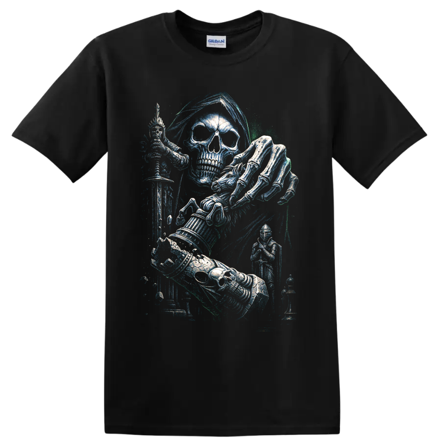 Gothic skull knight in armor wielding a sword, distressed fantasy art on a Black T Shirt