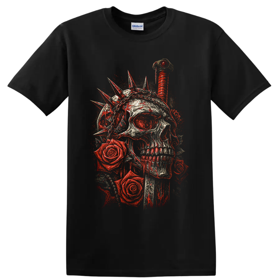 Gothic skull with red roses and spiked crown graphic on a Black T Shirt