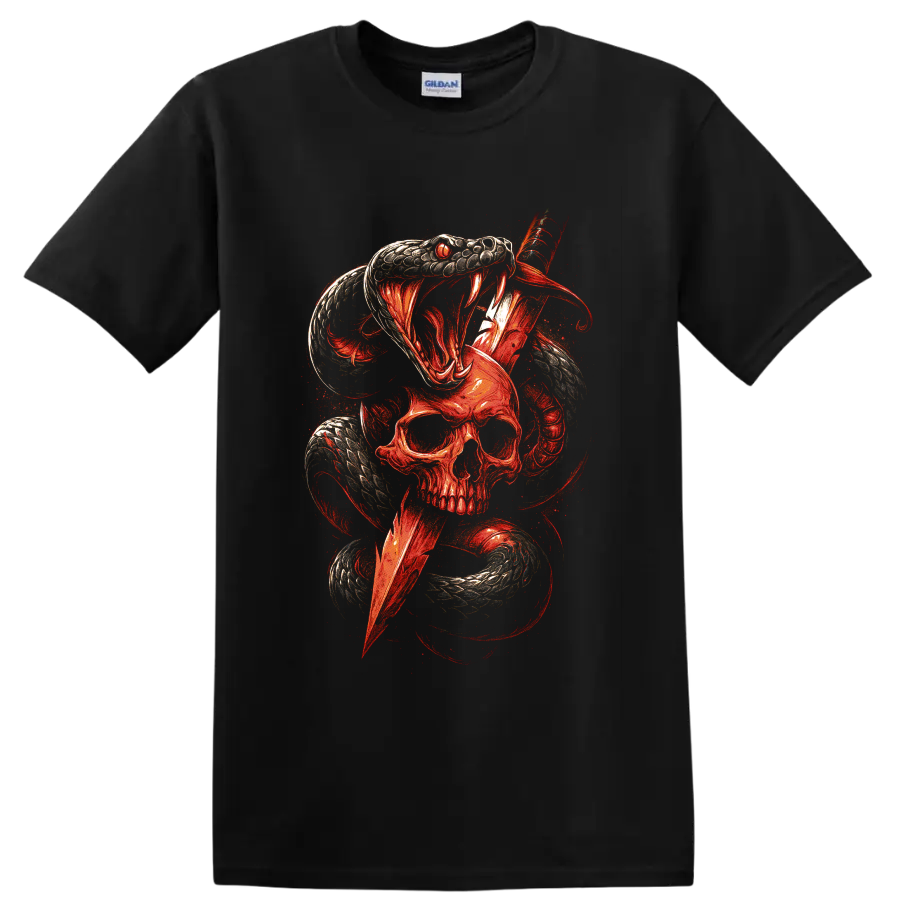 Red fanged snake coiling around a skull in gothic horror art on a Black T Shirt