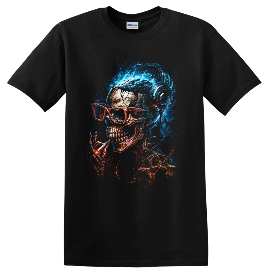 Neon blue and red skull wearing glasses and headphones, gothic art on a Black T Shirt