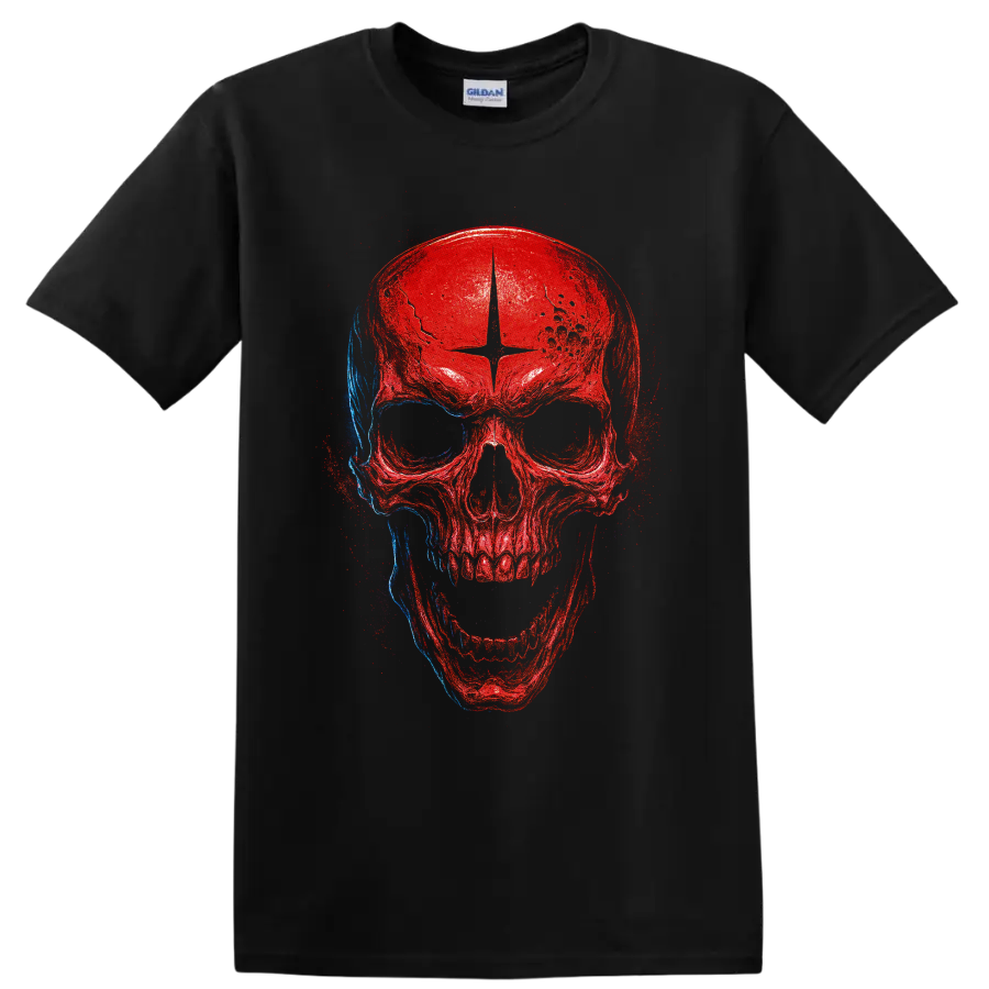 Distressed red and blue skull grunge graphic print on a Black T Shirt