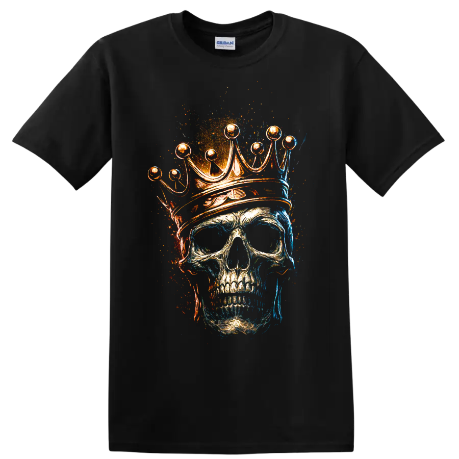 Crowned skull with ornate crown in fiery blue and orange grunge art on a Black T Shirt