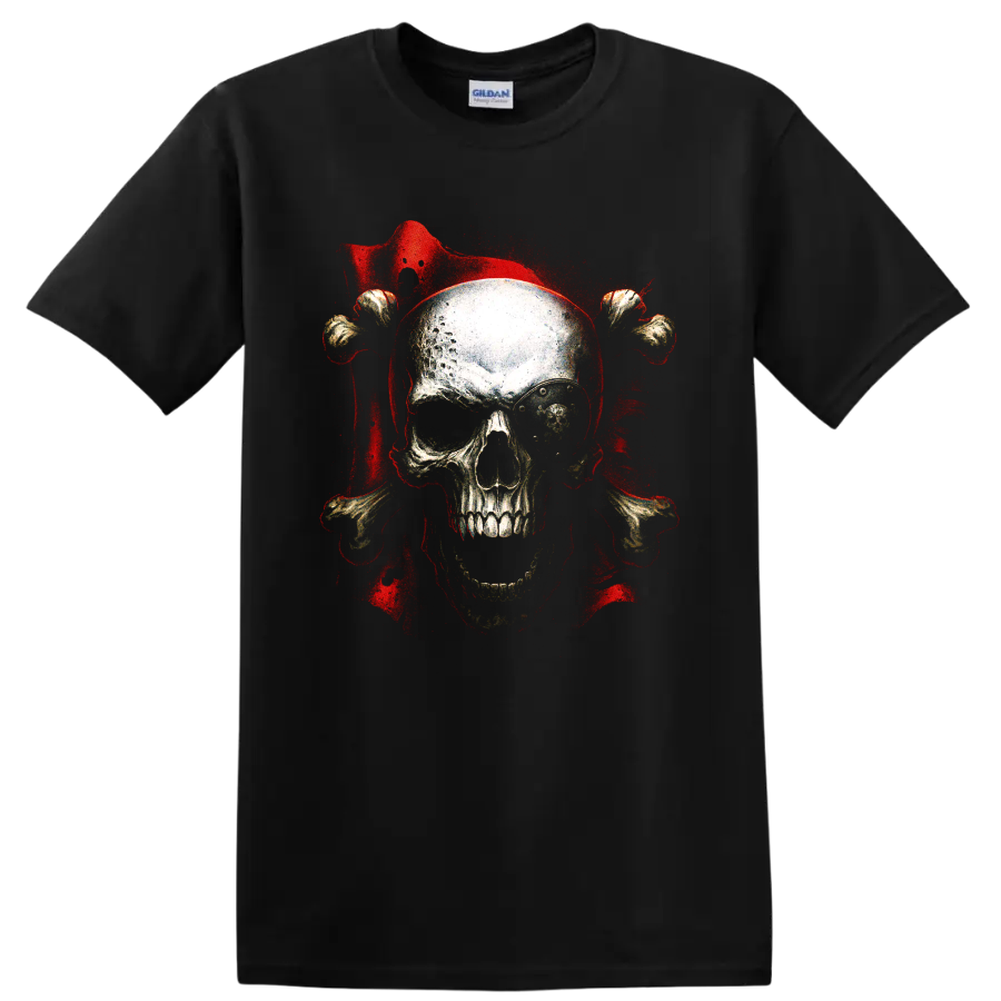 Gothic skull and crossbones graphic with red grunge splatter on a Black T Shirt