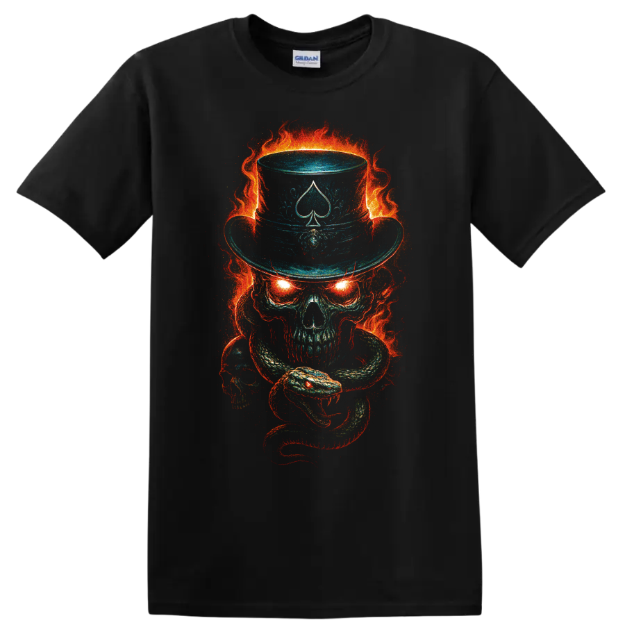 Flaming skull with snake, spade top hat, and fiery gothic horror artwork on a Black T Shirt