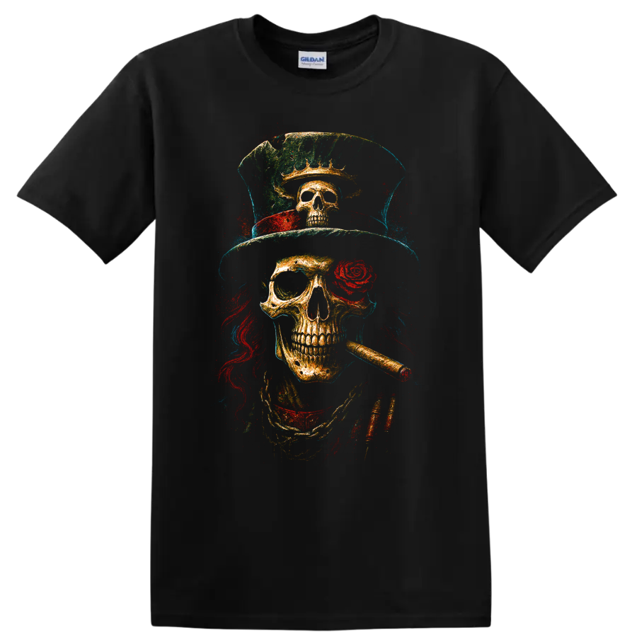 Vintage grunge skull wearing a top hat with rose and cigar on a Black T Shirt