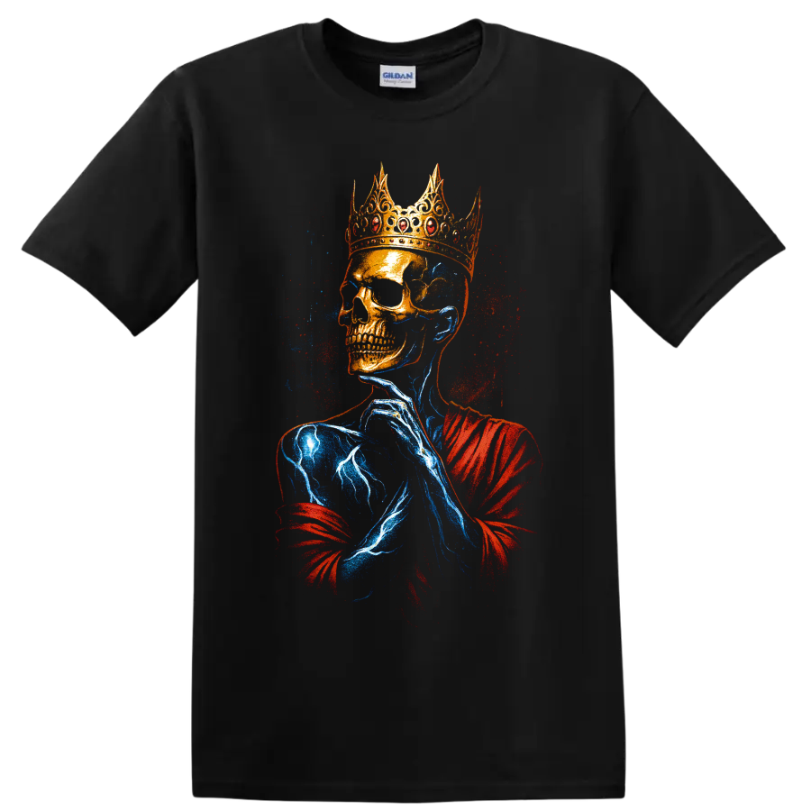 Crowned skull king gothic graphic with red and blue splatter art on a Black T Shirt