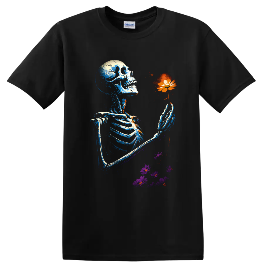 Gothic skeleton holding an orange flower with purple floral accents on a Black T Shirt