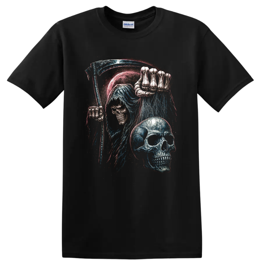 Gothic blue skull with skeletal hand and distressed red and white splatter art on a Black T Shirt