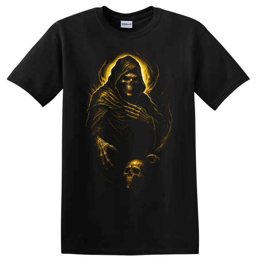 Golden grim reaper skull gothic skeleton graphic print on a Black T Shirt