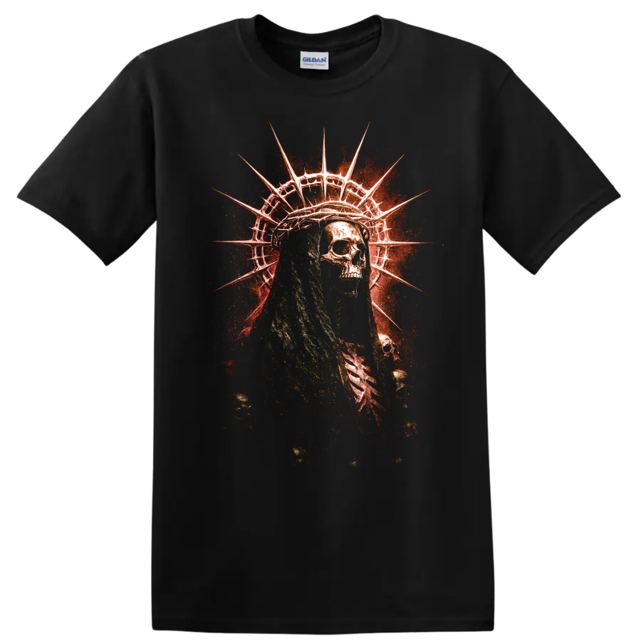 Distressed skull Statue of Liberty gothic horror graphic with red grunge burst on a Black T Shirt