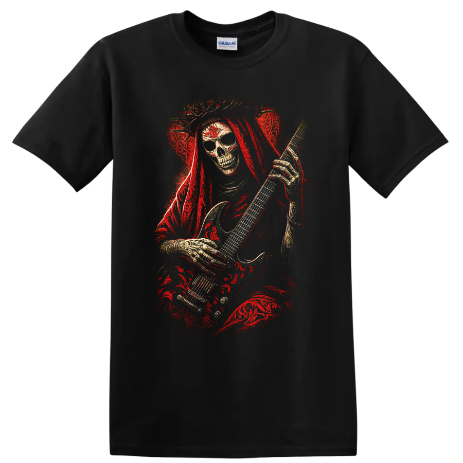 Gothic skull guitarist with red roses and distressed rock art on a Black T Shirt