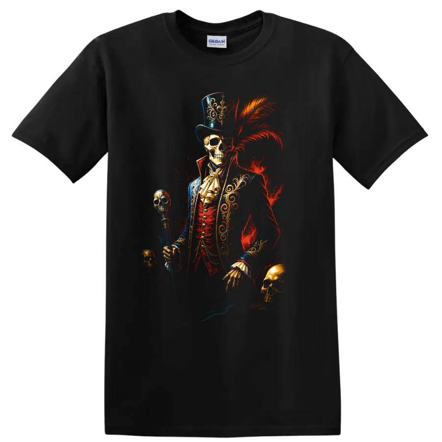 Gothic skeleton ringmaster in top hat with skull cane and red plume on a Black T Shirt