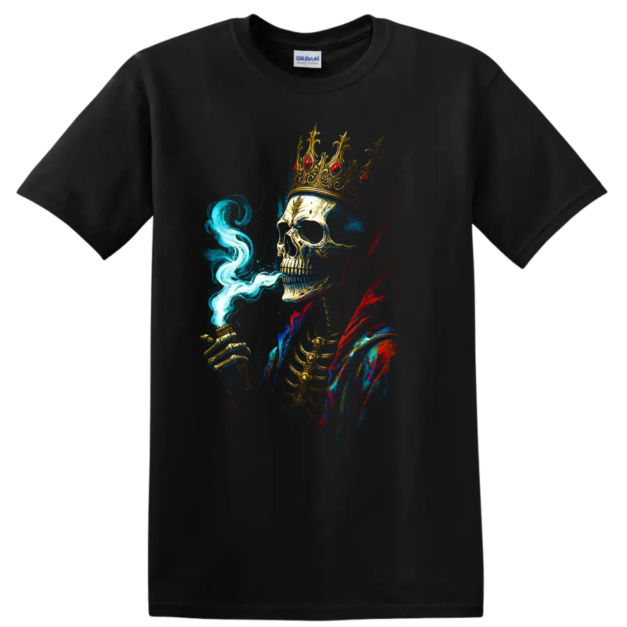 Crowned skull king with blue smoke and colorful gothic art on a Black T Shirt