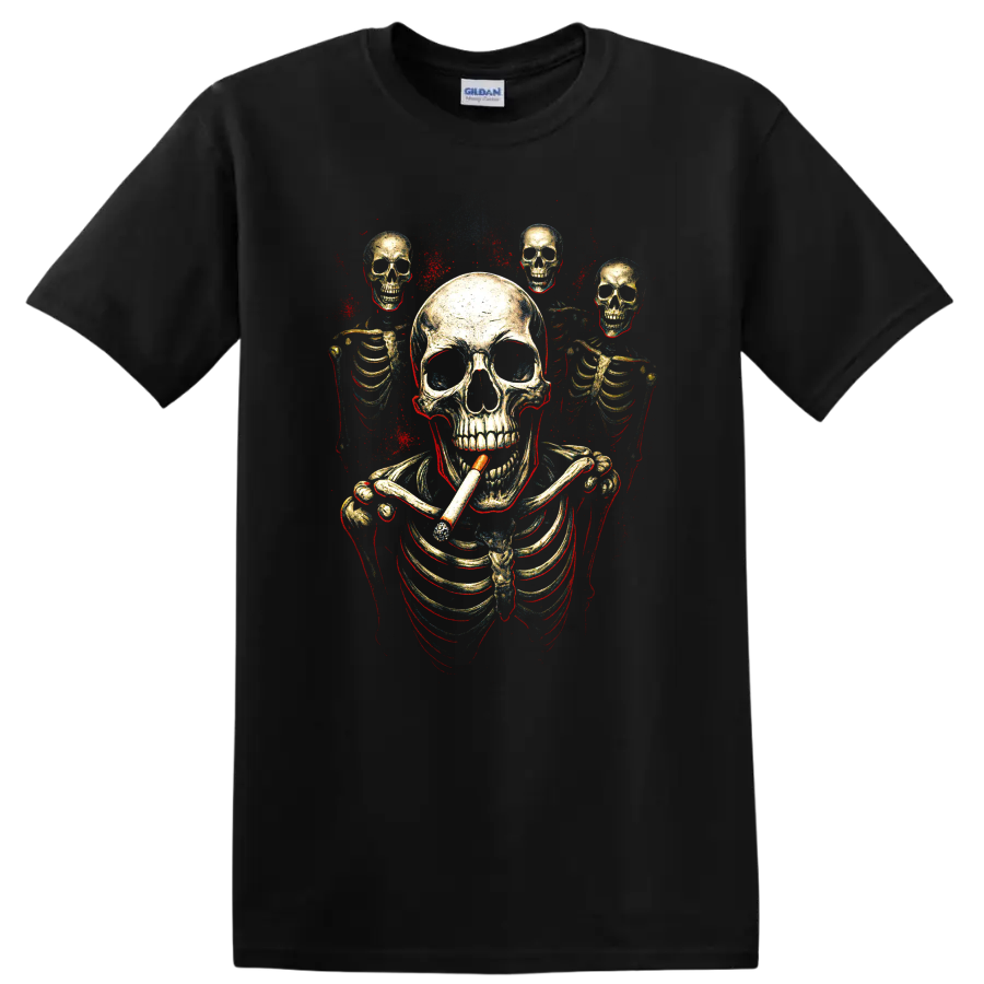 Smoking skeleton skull graphic with smaller skulls and red splatter on a Black T Shirt