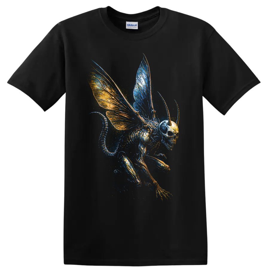 Winged skull skeleton creature with blue and orange gothic fantasy wings on a Black T Shirt