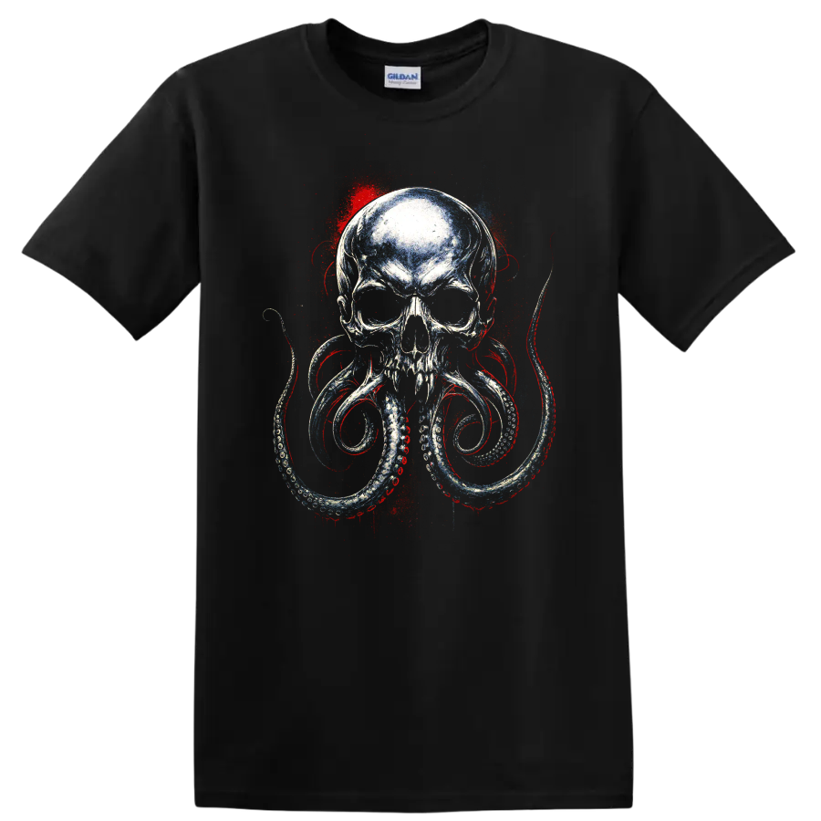 Distressed skull octopus graphic with curling tentacles and red blue accents on a Black T Shirt