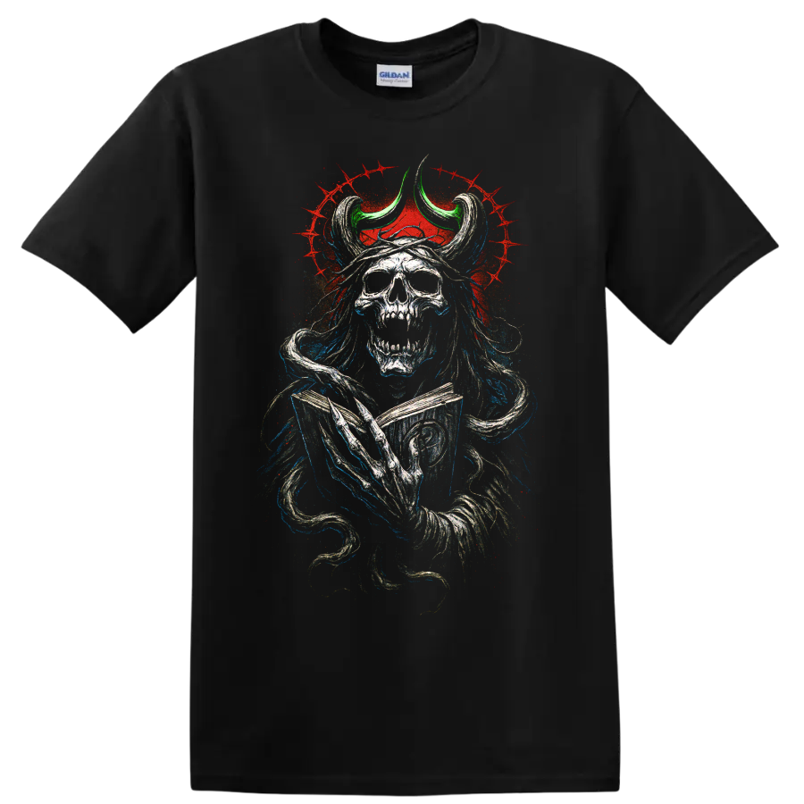 Horned skull warrior with gothic distressed artwork and red splatter on a Black T Shirt